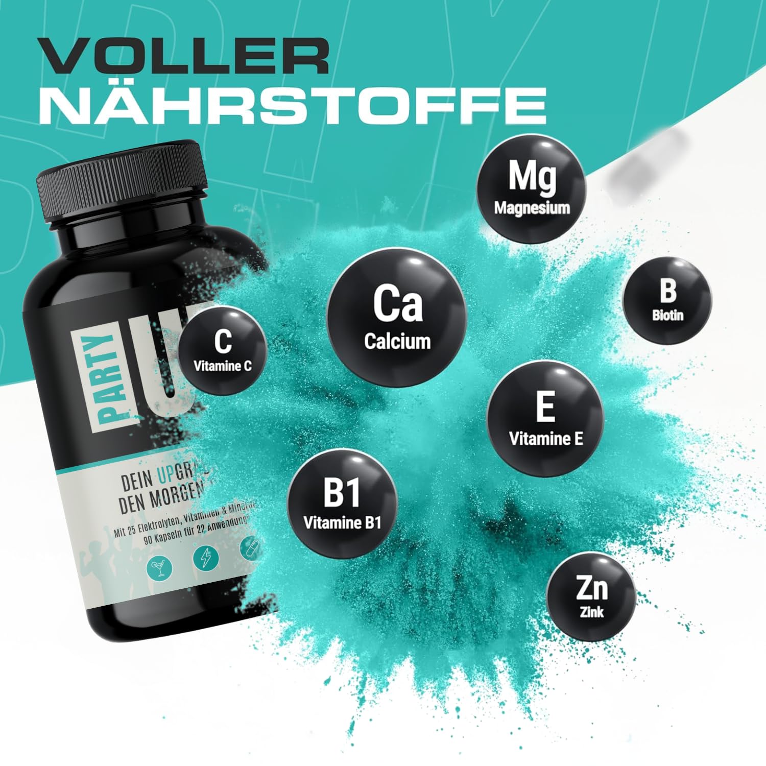 PARTYUP mit 25 Elektrolyten, Vitaminen & Mineralstoffen, 90 After Party Kapseln, für den Morgen Danach, 90 Kapseln 3