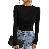 PRETTYGARDEN Womens Tops 2026 Spring Long Sleeve Fitted T Shirts Waffle Ruched Crop Shirt Basic Knit Workout Y2k Clothes(Black,Small)