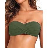 Women Bandeau Bikini Top Strapless Swimsuit Top | Twist Front, Adjustable Straps, Non-Slip, Built-in Cups for Secure Fit