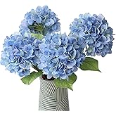 mizii 4Pcs Blue Artificial Hydrangea Flowers Large Fake Silk Hydrangea Flower with Leaves Stems Realistic Faux Hydrangeas Decorations for Wedding Table Centerpieces Vase Home Decor (Blue)