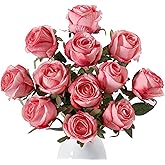 Wenhuidr 12pcs Deep Pink Roses Artificial Flowers – Realistic Silk Velvet Fake Flowers with Long Stems for Valentines Day Wedding Bouquets Home Decoration Party Centrepieces & DIY Floral Arrangements