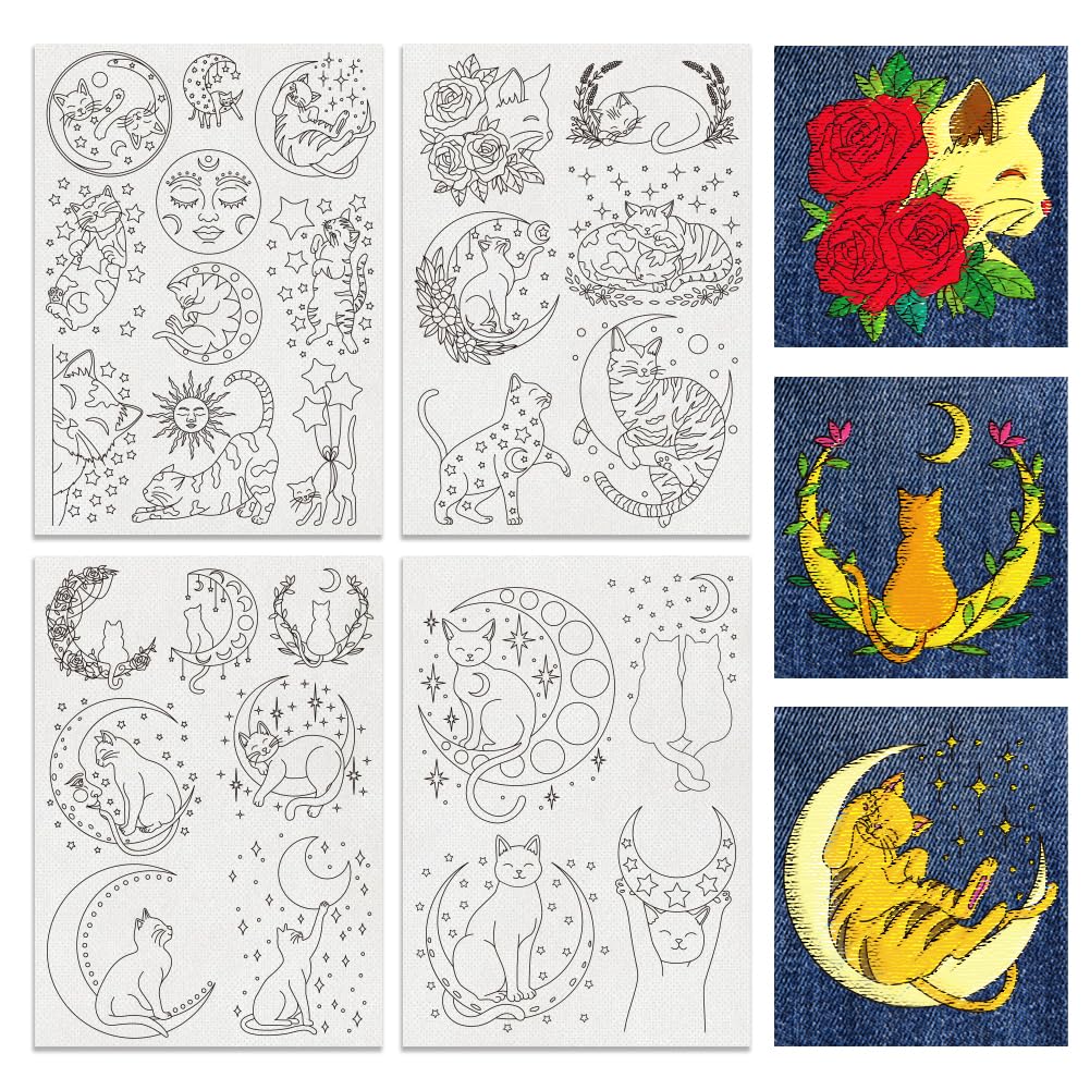 BENECREAT 4Sheets 27Pcs Moon Cat Water Soluble Embroidery, 29.7x21cm Stars and Flower Cat Stick and Stitch Embroidery Paper Stabilizer for Shirts, Coats, Bags