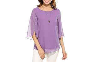 Oyamiki Womens Casual Chiffon Dressy Top Scoop Neck 3/4 Sleeve Double Layers Flowy Blouse Shirt