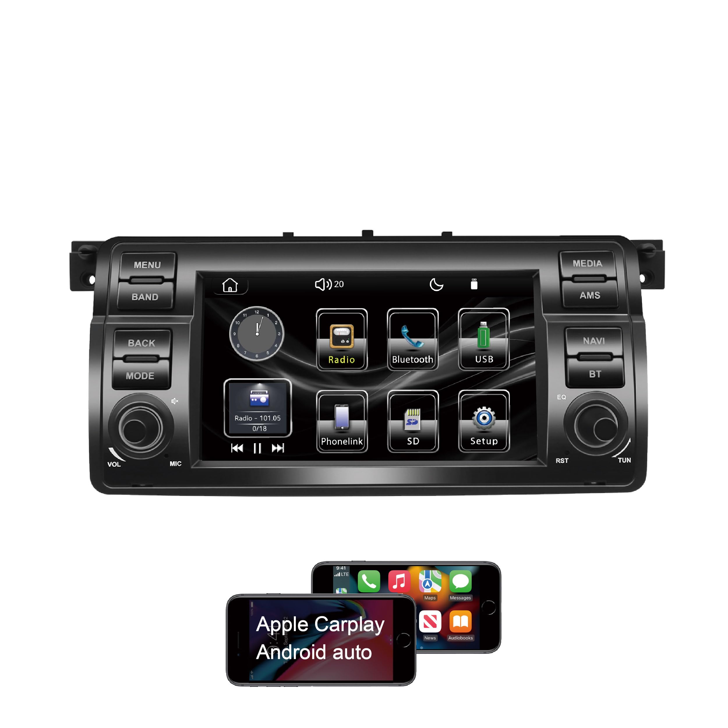 Amaseaudio Wince Car Stereo, 1 Din for BMW E46 3 Series 1999-2004, 7" Touchsreen, Wireless Carplay Android auto, Support DSP/GPS navi/HD1080P/Bluetooth/Steering Wheel Control