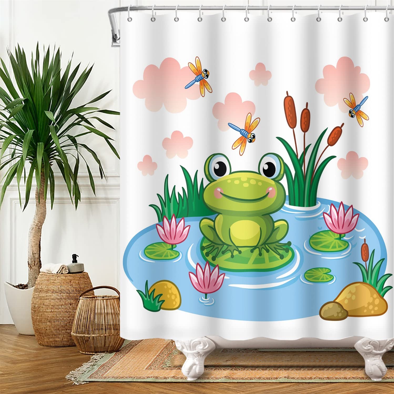 SDOTPMT 122x183cm Cute Frog Shower Curtain Cartoon Frog on Lotus Leaf Pond Flower Dragonfly Bath Curtain Summer Animal White Bathtub Curtain for Kids Bathroom Polyester Waterproof with Hooks