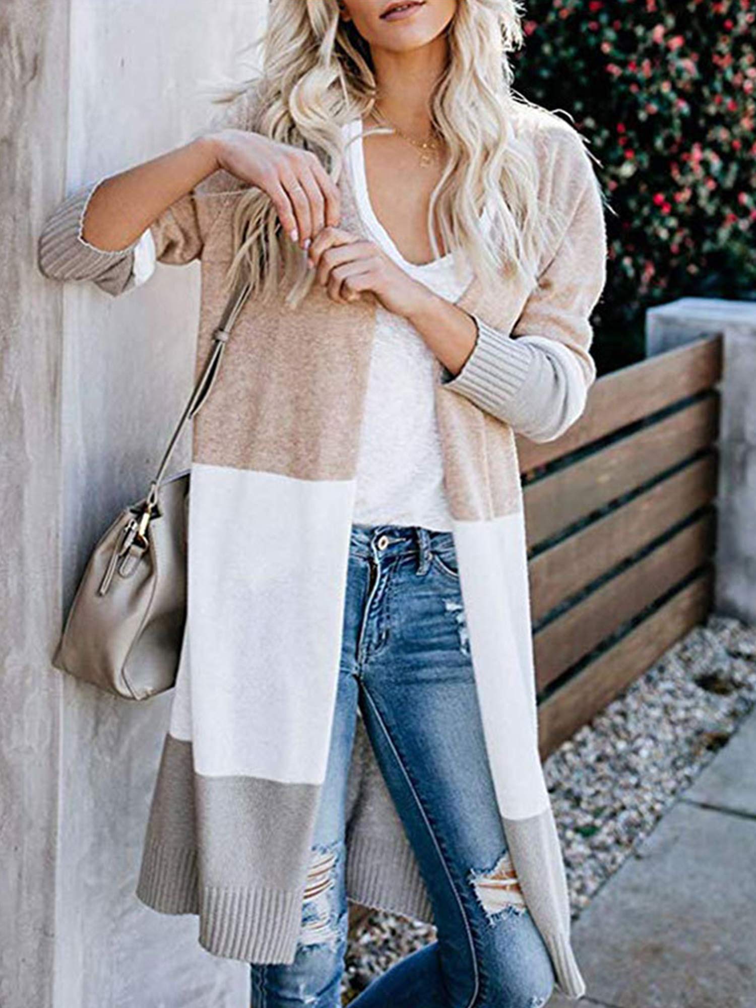 Womens Boho Open Front Cardigan Colorblock Long Sleeve Loose Knit Lightweight Sweaters (M, Khaki)