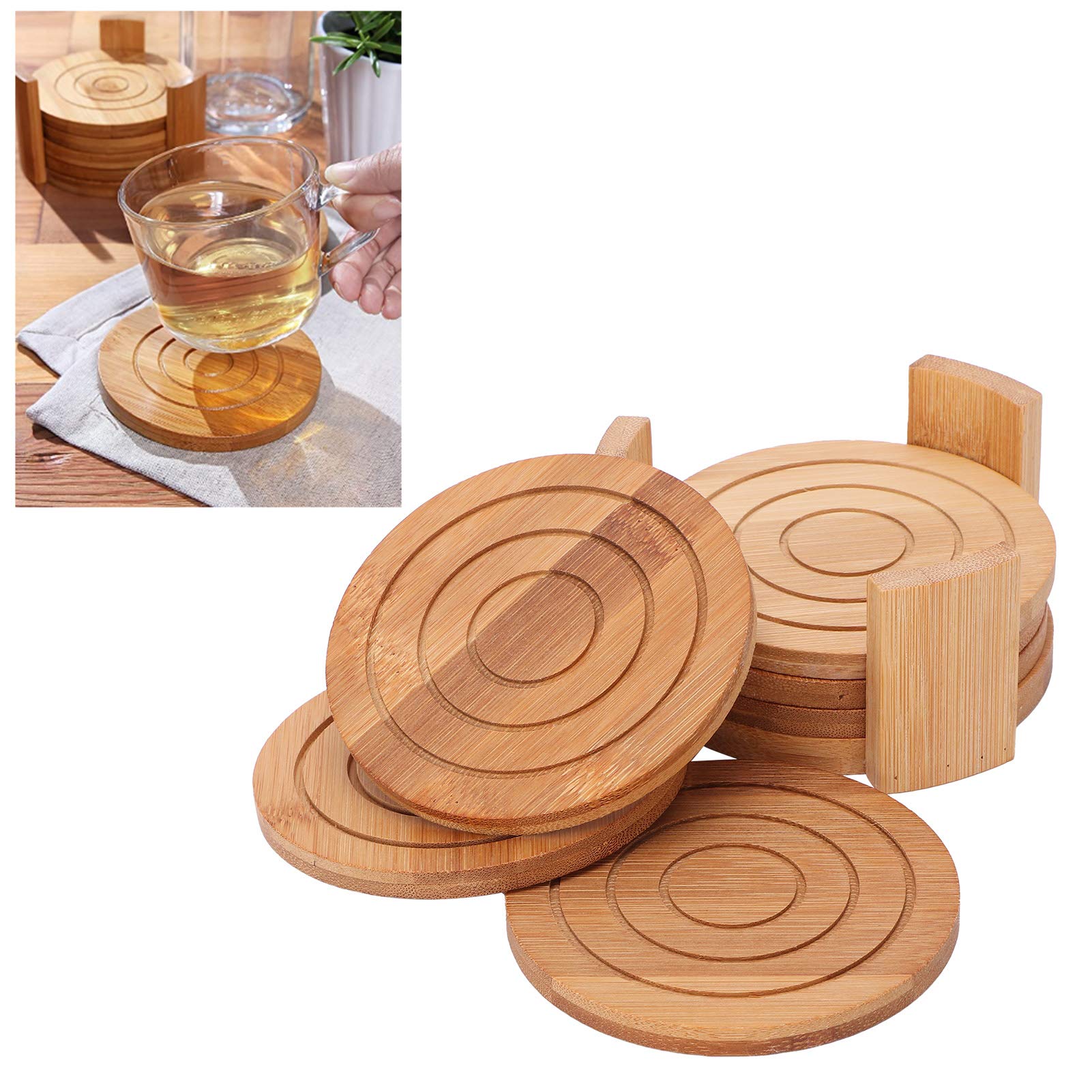 Coasters for Drinks, 6PCS Bamboo Coaster Set with Wooden Storage Holder, Round Cup Mats Pad for Cold Drinks and Hot Beverage Home Living Room Decor