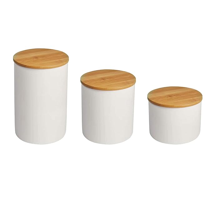 Food Storage Jar with Bamboo Lid Modern Design White Ceramic Food