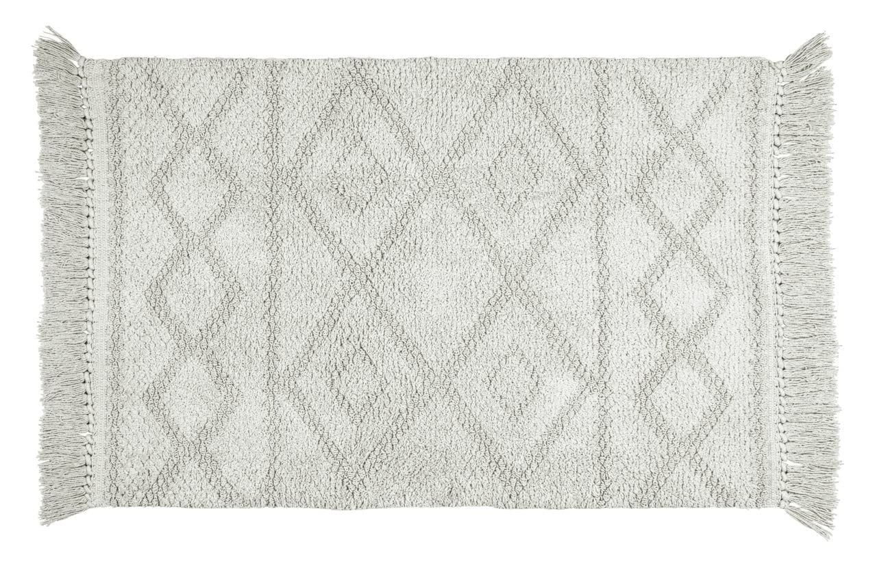 WENKO Urla bath mat, bath rug made of 100% certified organic cotton with jacquard pattern and fringes, anti-slip coated underside, washable up to 40 °C, (W x D): 60 x 90 cm, Grey
