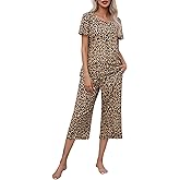 Ekouaer Women's Pajamas Set Short Sleeve Top With Capri Pants Pjs Lounge & Sleepwear Set S-XXL