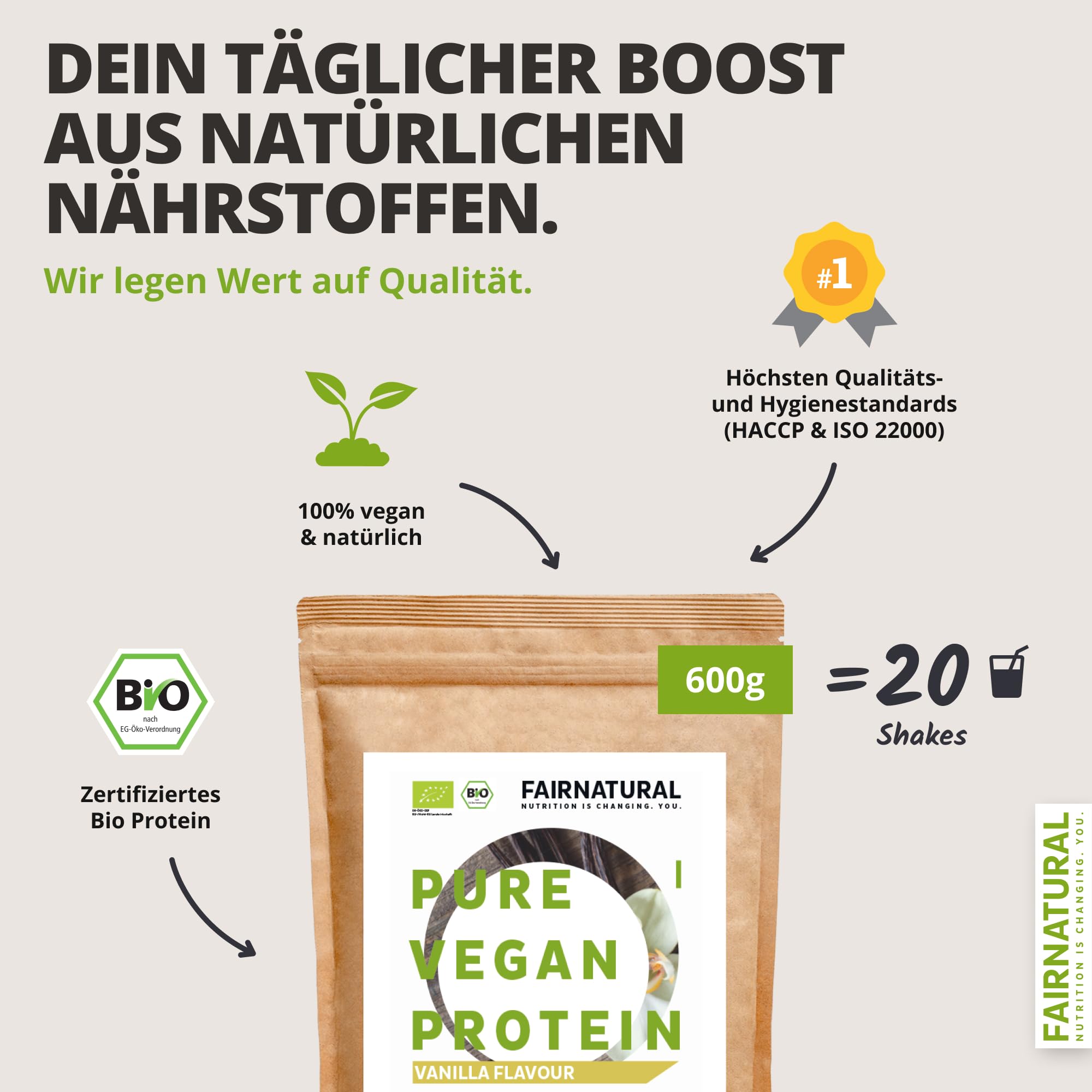 FAIRNATURAL Bio Veganes Proteinpulver Vanille ohne Soja [600G] 5K Protein Pulver Laktosefrei - Vegan Protein Powder - Pflanzliches Proteinpulver - Regional aus DE - Proteinshake Vegan - Eiweißpulver 6