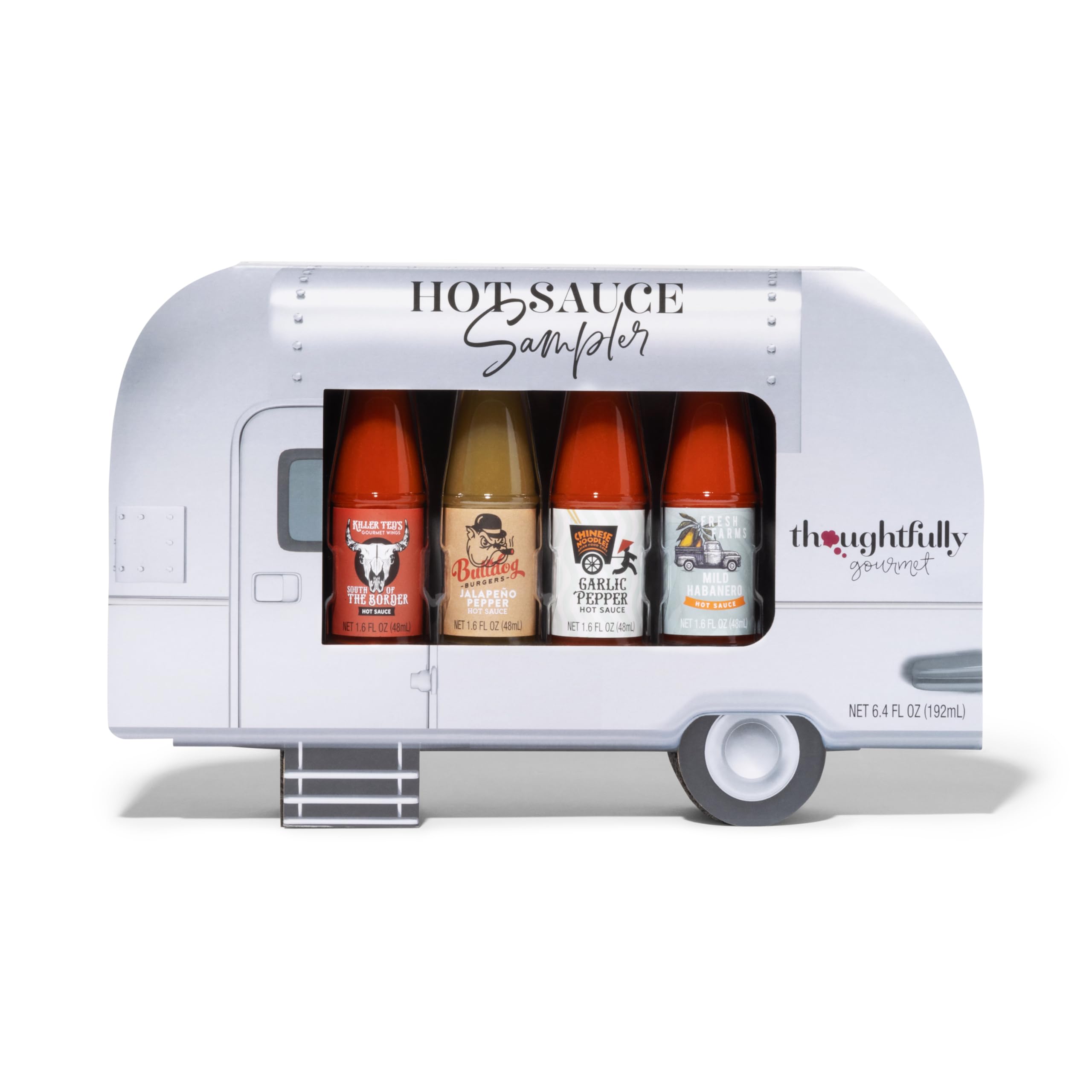 Thoughtfully Gourmet, Air Stream Foodie Finds Hot Sauce Sampler Gift Set, Flavours Include Mild Habanero, Garlic Pepper, Jalapeno Pepper and South of the Border, Set of 4 Flavourful Chilli Hot Sauces
