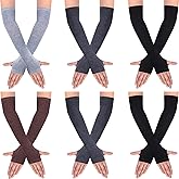 SATINIOR 6 Pairs Long Fingerless Gloves for Women Knit Thigh High Striped Arm Warmer Thumb Hole Stretchy Gloves