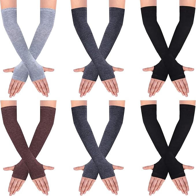 6 Pairs Women Long Fingerless Gloves Knit Arm Warmer Thumb Hole