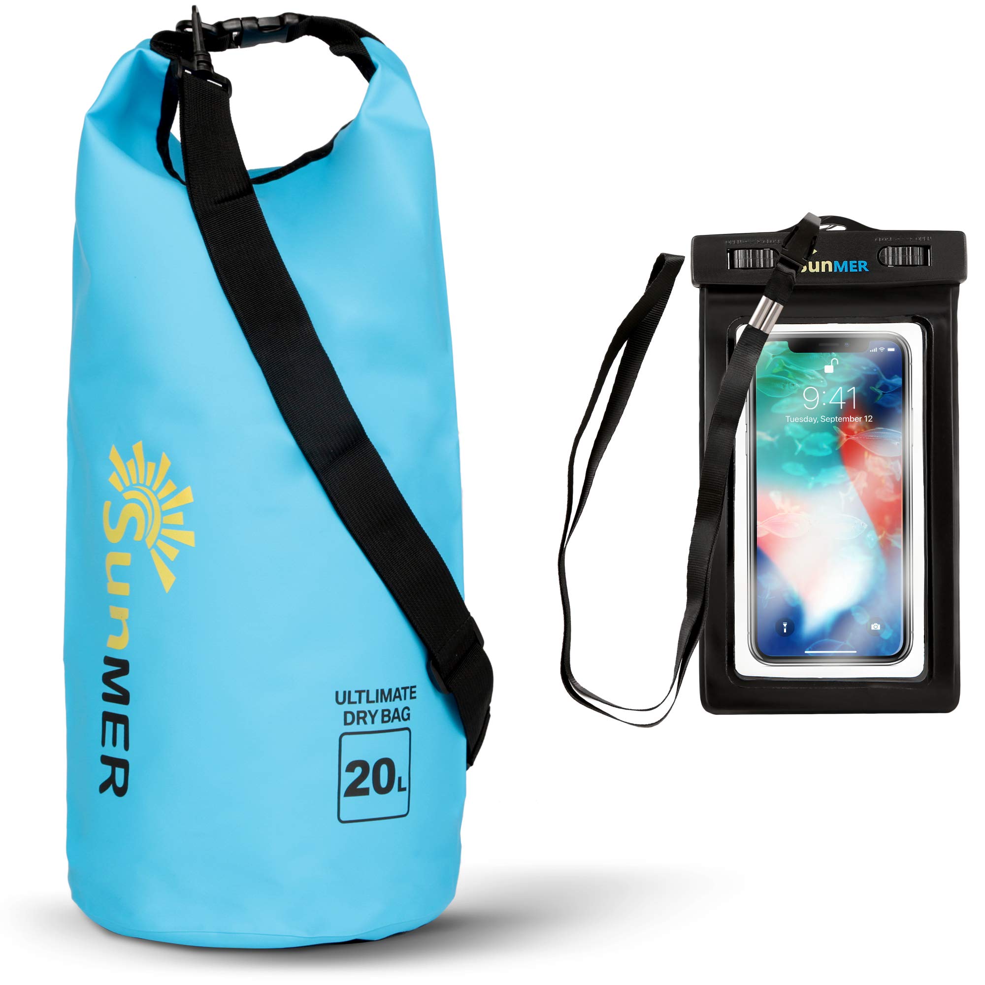 SUNMER 20L Blue Waterproof Dry Bag With Waterproof Phone Case – IPX8 Rating Weather, Land or Sea - Great For Hiking, Fishing, Rafting, Kayaking, Swimming & Much More