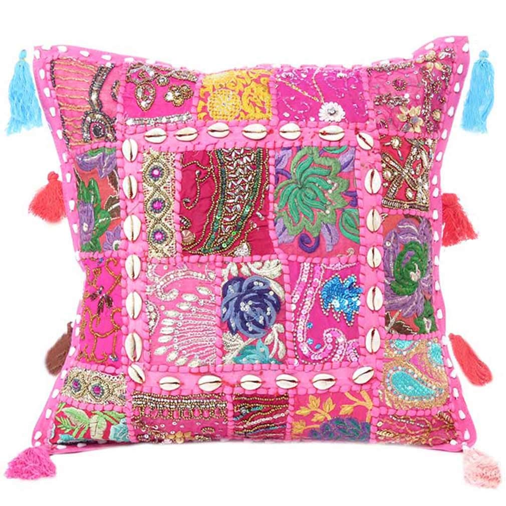 Eyes of India Decorative Patchwork Boho Throw Pillow Cover, Colorful Cushion Case for Sofa Couch, Bohemian Handmade Accent Bedroom Living Room, 24x24 inch (60x60 cm), Pink — image 1