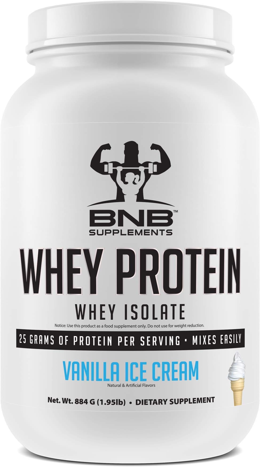 100% Whey Protein Isolate - Vanilla Ice Cream Flavor - 25g of Protein Per Serving - 2lb Tub - Mixes Easily - Delicious Protein Recovery Shake - by BNB Supplements