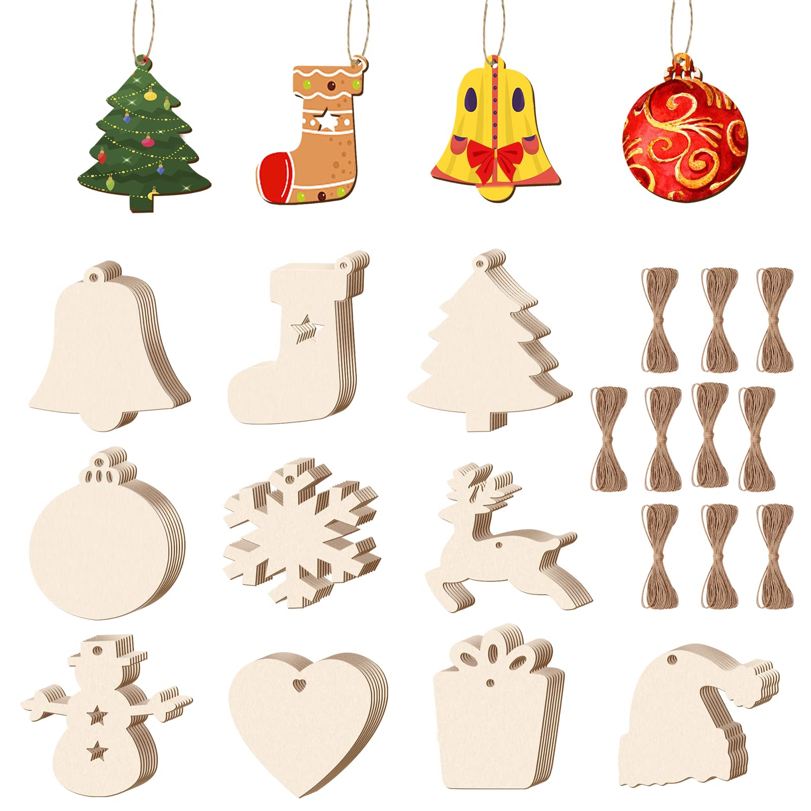 DUDSOEHO 100PCS Wooden Christmas Decorations - 10 Shapes Crafts Unfinished Wooden Ornaments for DIY Crafts Christmas Tree Hanging Decoration