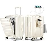 ISLAND ELEPHANT Expandable 20Inch Carry On Luggage Airline Approved - Front Pocket Travel Suitcase 100% PC Unbreakable -with Cup Holder,USB Charge,Side Pothook, 360°Spinner Wheels, TSA Lock-White