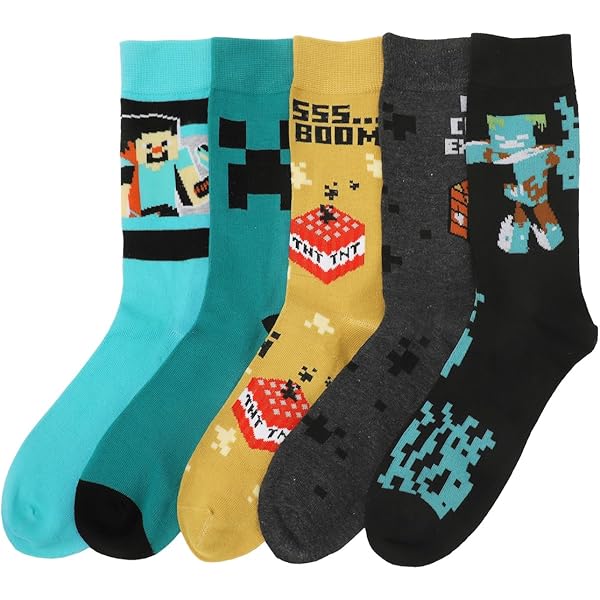 Minecraft Boys Socks Set Of 5 | Childrens Back To School Calf Socks With Creeper Diamond Sword And Tnt Print In Black Kids 5 Pack Socks For Gamers Mojang Games Merchandise Gift - View #9