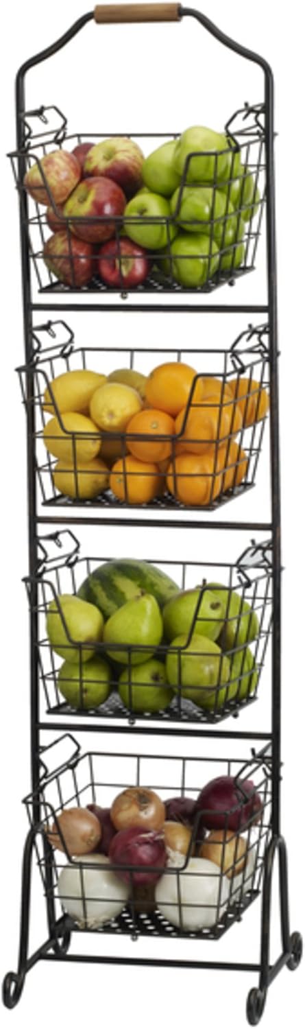 Gourmet Basics by Mikasa Ferme 4-Tier Metal Floor Standing Fruit/Home Storage Market Basket, Large, Antique Black: Kitchen & Dining