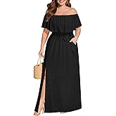 Pinup Fashion Women Plus Size Summer Dresses - Off The Shoulder Wedding Guest Eyelet Casual Maxi Dress Pockets