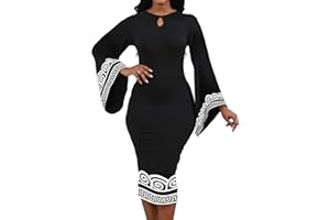Oxgmoky Women's African Print Dress Work Business Bodycon Long Sleeve Round Neck Pencil Dresses