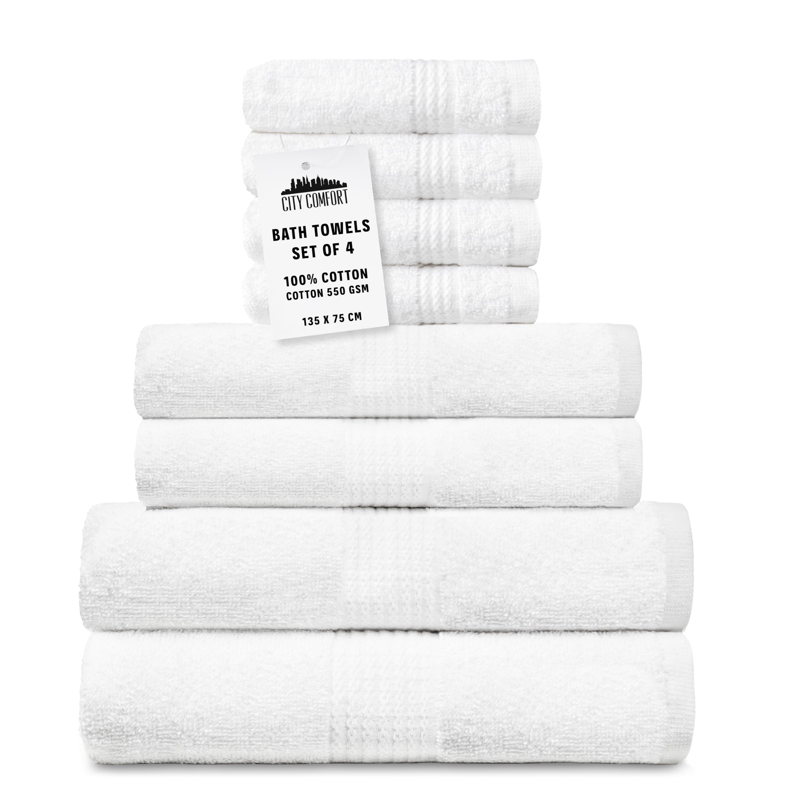CityComfort Towel Set of 8, 100% Cotton 550GSM Highly Absorbent Quick Dry Bathroom Towels with Bath Towels, Hand Towels, Face Cloths Super Soft (White)