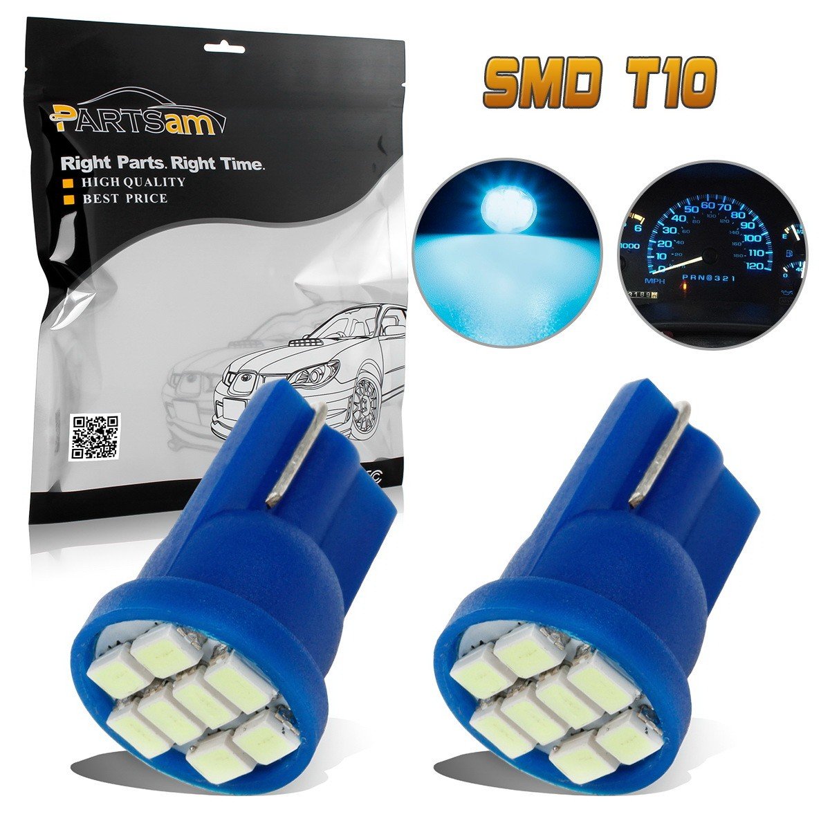 Partsam 2pcs T10 194 168 2825 Wedge Ice Blue SMD LED Rear License Plate Lights/Interior Dome Map Lamps etc. 12V