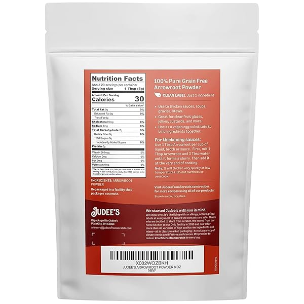 JUDEE’S ARROWROOT POWDER 8 OZ – JUST ONE INGREDIENT – VEGAN, NON-GMO, SOY-FREE – GLUTEN-FREE AND NUT-FREE – 100% PURE GRAIN FREE STARCH – GREAT FOR BAKING AND THICKENING – WORKS AS EGG SUBSTITUTE