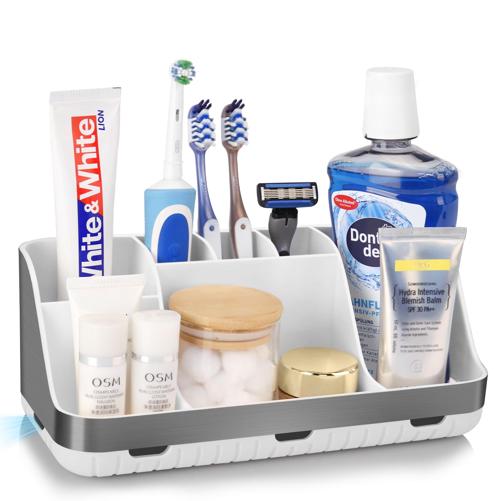 PARKMANI Toothbrush Holder for Bathroom Organizer Storage, Electric Toothbrush and Toothpaste Holders, 7 Slots Bathroom Countertop Organiser, Bathroom Accessories for Family, Kids (Brushed Silver)