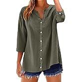 Womens Cotton Button Down Shirts 3/4 Sleeve Casual Loose Fit V Neck Stylish Breathable Summer Spring Blouses Top