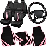 CAR PASS Car Seat Covers Full Set for Women Girls with Waterproof Car Floor Mats,Anti-Slip Leather Steering Wheel Cover,Universal Fit for SUVs,Vans,Trucks,Sedans,Cars (Combo Set,Black & Pink)