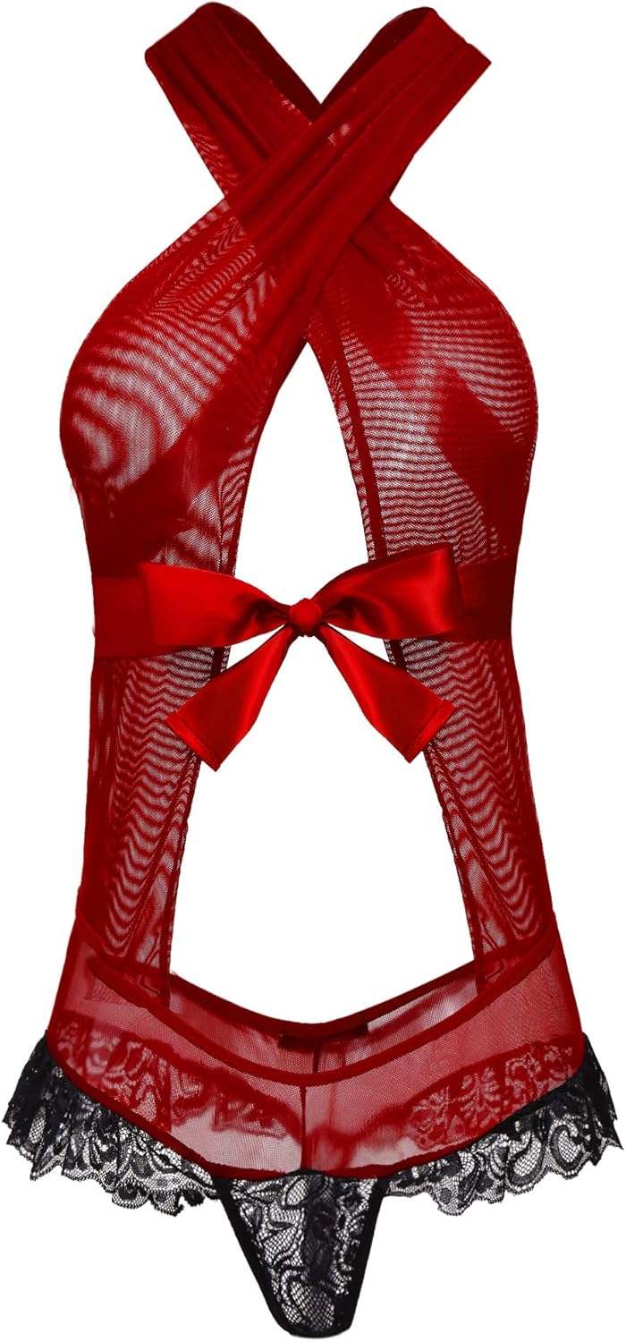 ADOME Women Lingerie Bandage Halter Teddy Cross Back Bodysuit Exotic Teddy Babydoll at  Women’s Clothing store