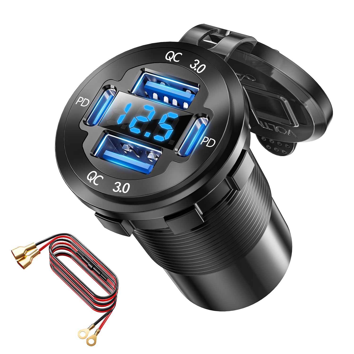 Photo 1 of 12V USB Charger with 4 Ports, Upgraded Aluminum Alloy Car Outlet with LED Voltmeter Display, for 12/24V Car Golf Cart Boat Marine Bus Truck RV Marine Motorcycle etc. (1PC)