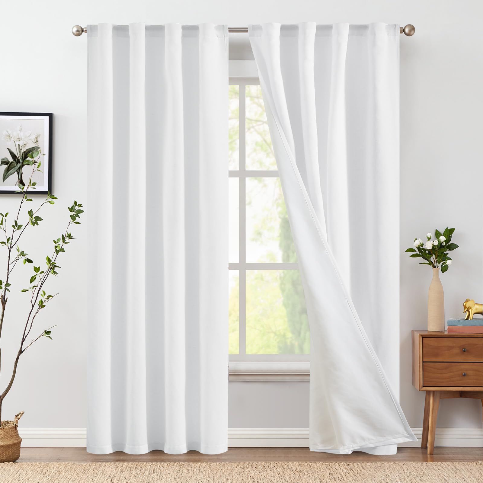 Photo 1 of jinchan Linen Curtains with Privacy Lining 84 Inch Length White Farmhouse Closet Lined Drapes for Small Narrow Window Bedroom Living Room Bay Window 2 Panels Rod Pocket Back Tab