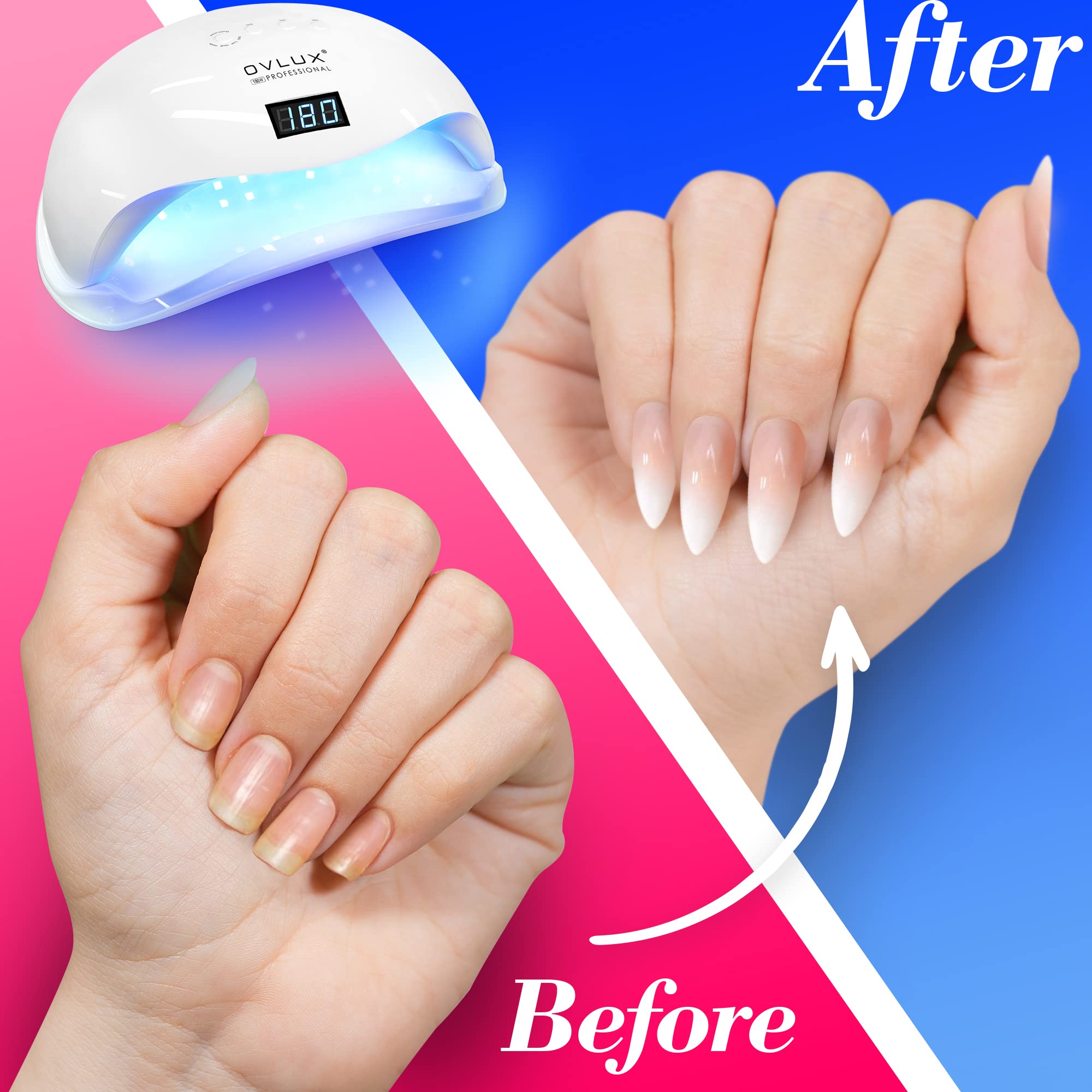 OVLUX 180W Professional UV LED Nail Lamp with Adapter – Fast Nail Dryer for Gel Polish, 57 LEDs, Auto Sensor, LCD Display & 4 Timers – Cures Fingernails & Toenails