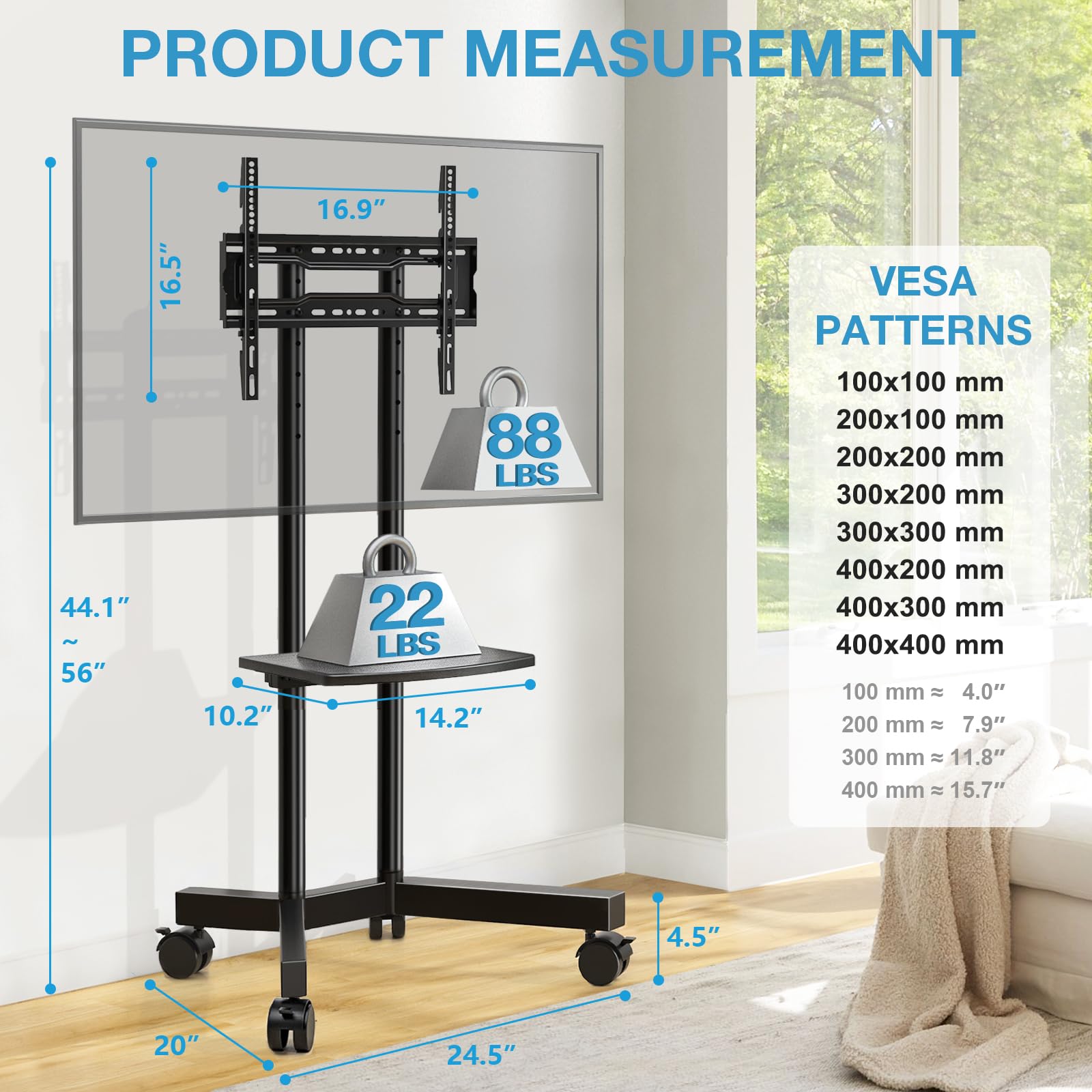 YOMT Portable Rolling TV Stand for 32-75 inch TVs, Height Adjustable Mobile TV Cart with Locking Casters, Heavy Duty Universal TV Stand On Wheels with Removable Shelf for Living Room, Bedroom, Office