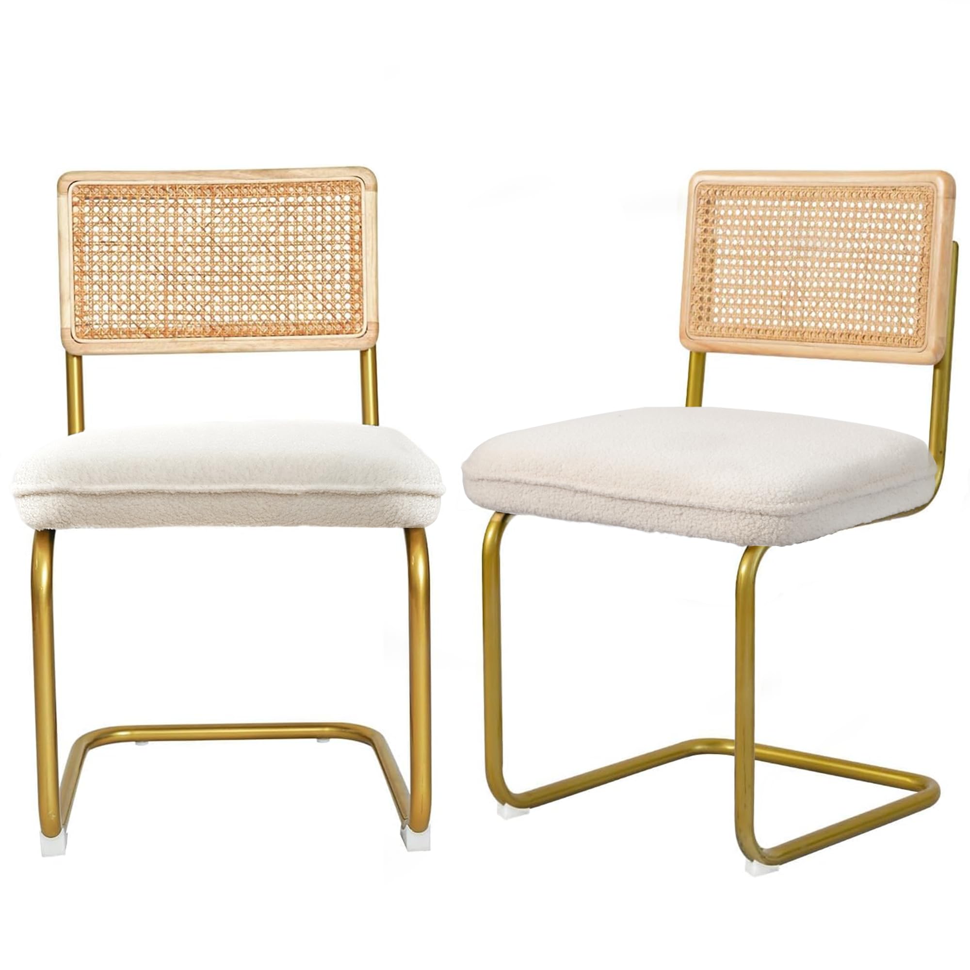 Photo 1 of CangLong Rattan Dining Chairs Set of 2, Modern Kitchen Chairs with Natural Mesh Rattan Backrest & Solid Thick Metal Legs, Upholstered Fleece Armless Side Chairs for Living Room, Study, Cream