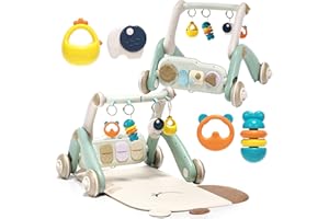 Jovow 2 in 1 Baby Gym with Walker,Baby Play Mat with 4 Infant Learning Sensory,Double-Sided Multifunctional Removable Play Piano Panel,Sit-to-Stand Learning Walker for 0-24 Months Boy Girl [White]