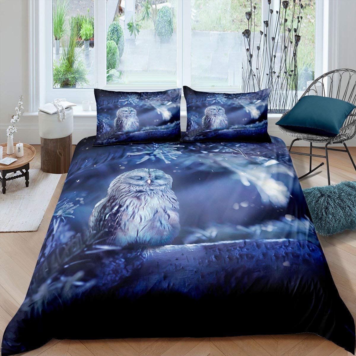 Owl Bedding Set Cute Boho Owl Duvet Cover Set for Kids Boys Girls Boho Exotic Style Comforter Cover Magical Fantasy Blue Decor Quilt Cover Room Decor 3Pcs Double,Zipper