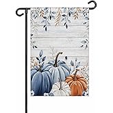 Garden Flag, Double Sided Outdoor Flags 12x18 inch, Durability Flags for Yard and Garden - Watercolor (Blue and White) Pumpkin Leaves Thanksgiving Fall Harvest Seasonal Outside House Decoration