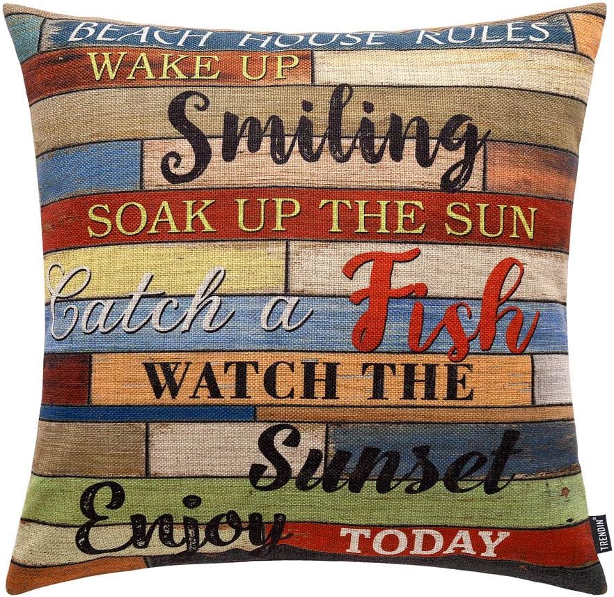 TRENDIN Throw Pillow Case Beach House Rules Cotton Linen Square Cushion Cover Standard Pillowcase for Men Women Kids Home 18 x 18 inch PL251TR