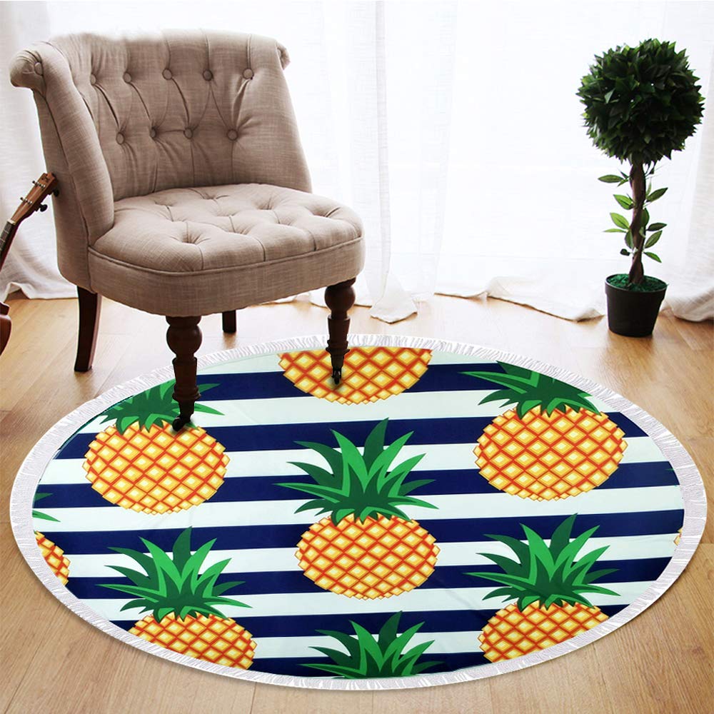 btcus4 Round Beach Towel Circle Blanket with Tassels Thick Microfiber Ultra Soft Super Water Absorbent Digital Printing High Color Fastness Multi-Purpose Sunscreen Yoga Mat Camping (120-pineapple)