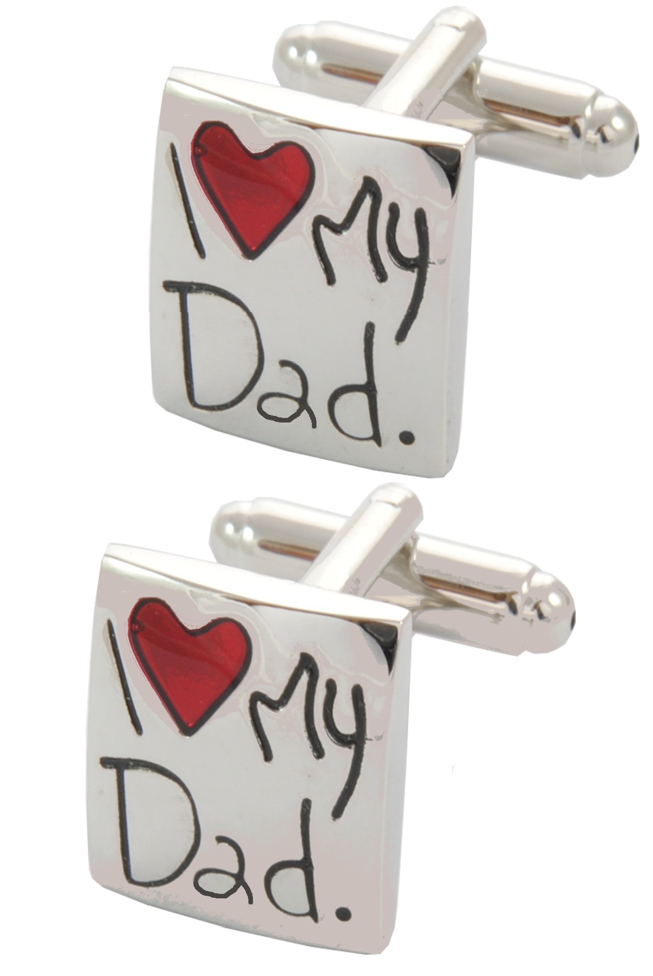 Cufflinks for Men + Presentation Box - Dad - I Love My Dad - Heart Square - Brass Metal - Silver and Red Colours - One Pair