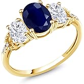 Gem Stone King 2.84 Cttw 10K Yellow Gold Blue Sapphire White Moissanite and Diamond 3-Stone Engagement Ring | Gemstone Birthstone | 3 Stone Wedding Anniversary Promise Ring For Women