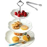 Jusalpha 3 Tier White Porcelain Cake Stand, Cupcake Stand with Silver Pilar | Tea Party Pastry Serving Platter Comes with Sugar Tong in a Giftable box