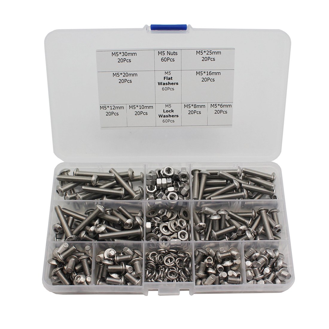 Raogoodcx 340Pcs M5 Stainless Steel Button Head Hex Socket Head Cap Bolts Screws 6mm 8mm 10mm 12mm 16mm 20mm 25mm 30mm Nuts Assortment Kit