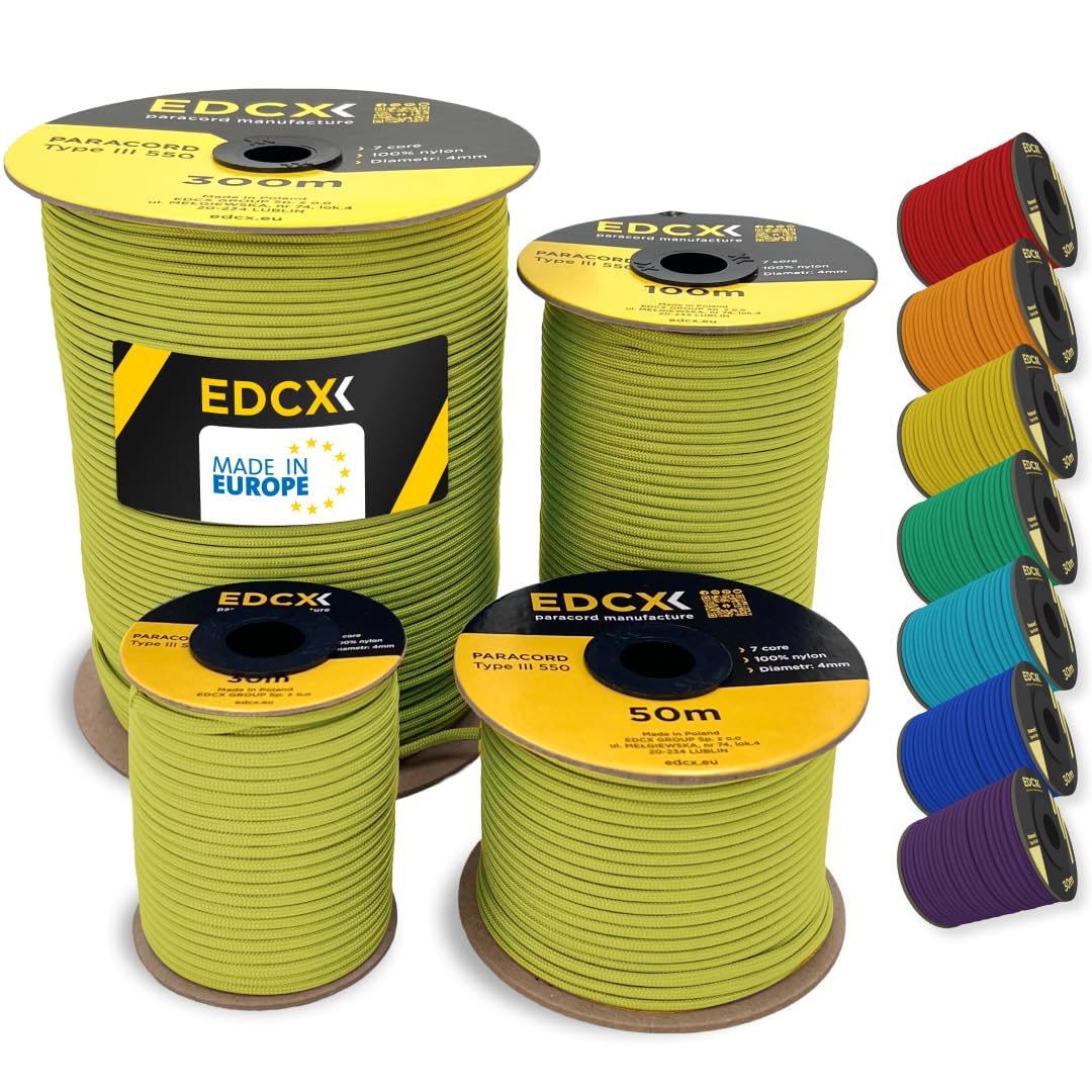 EDCX 4mm Nylon Paracord 550 50m (165 feet) | Ideal for Camping, Survival, Outdoor, Crafting, DIY | 100% Nylon Rope 4mm | Paracord 550 Type III in Solid Color (Yellow, 50 m)