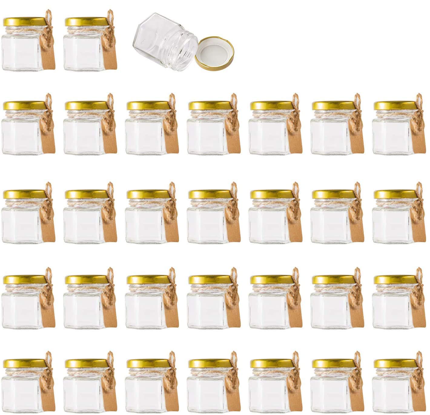 Photo 1 of Encheng 1.5 oz Clear Hexagon Jars,Small Glass Honey Jars With Lids(golden),Mason Jars For Herbs,Foods,Jams, Liquid,Party Favor,Mini Spice Jars For Storage 30 Pack